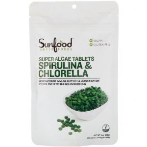 Sunfood, Espirulina e Chlorella, Comprimidos Super Algae, 250 mg, 456 Comprimidos