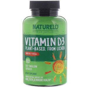 NATURELO, Vitamina D3, à Base de Plantas, 5.000 UI/125 mcg, 180 Cápsulas de Fácil Ingestão