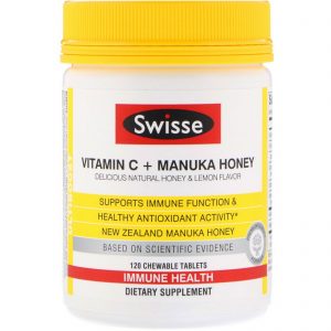 Swisse, Ultiboost, Vitamina C + Mel Manuka, Delicioso Mel Natural e Sabor de Limão, 120 Comprimidos Mastigáveis