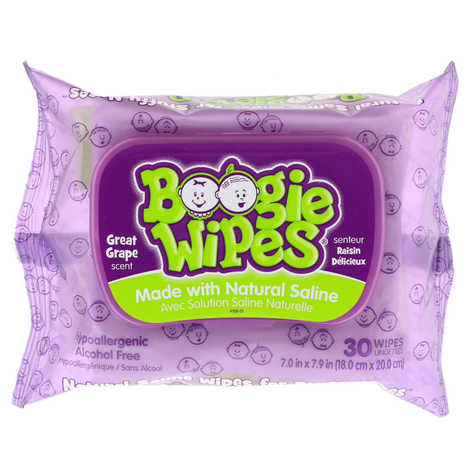 Boogie Wipes, Lenços Salinos Naturais para Nariz Entupido, Ótima Fragrância de Uva, 30 Lenços