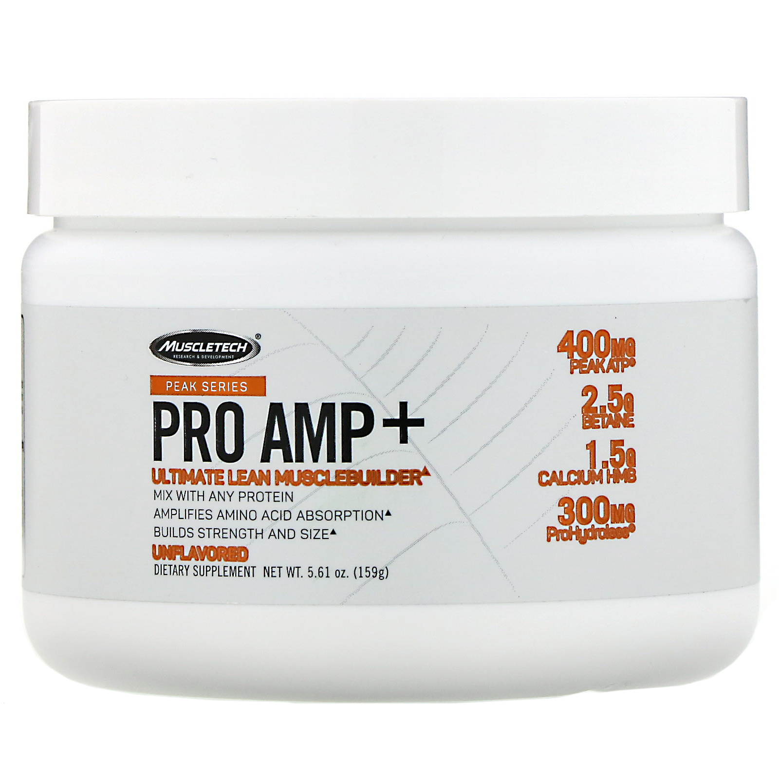 Muscletech, Peak Series, Pro Amp+, O Melhor Construtor de Massa Muscular Magra, Sem Sabor, 159 g (5,61 oz)