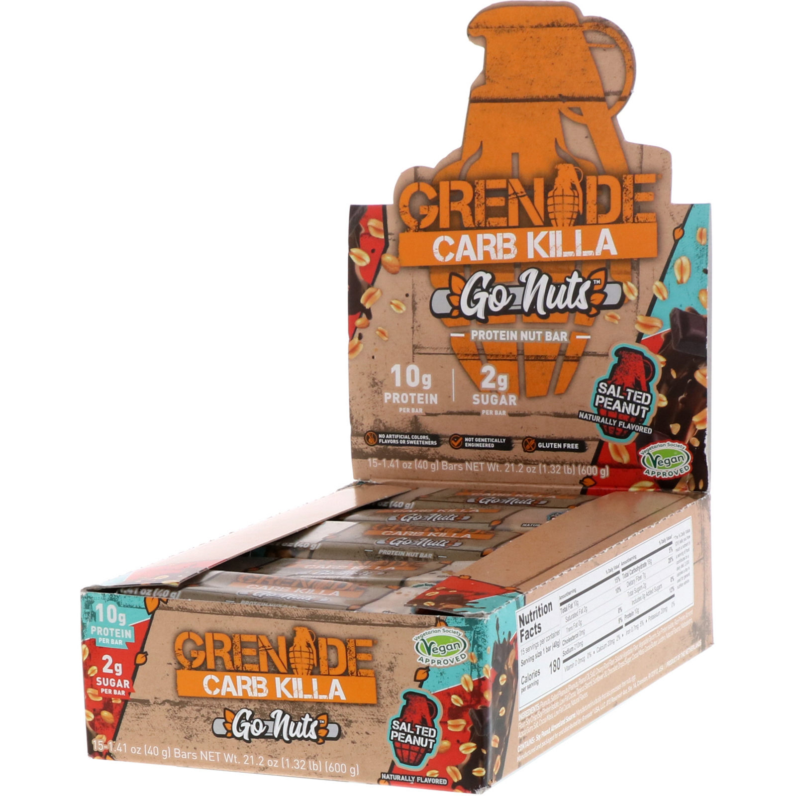 Grenade, Carb Killa, Barra de proteínas de nozes Go Nuts, Amendoim salgado, 15 barras, 1,41 onças (40 g) cada