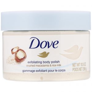 Dove, Esfoliante para polimento corporal, macadâmia triturada e leite de arroz, 298 g