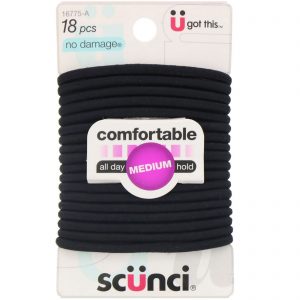 Scunci, Elásticos No Damage, confortáveis, fixação média o dia todo, pretos, 18 peças