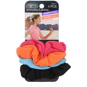 Scunci, Elástico de cabelo para rabo de cavalo Everyday & Active, malha respirável, superconfortáveis, cores variadas, 4 peças