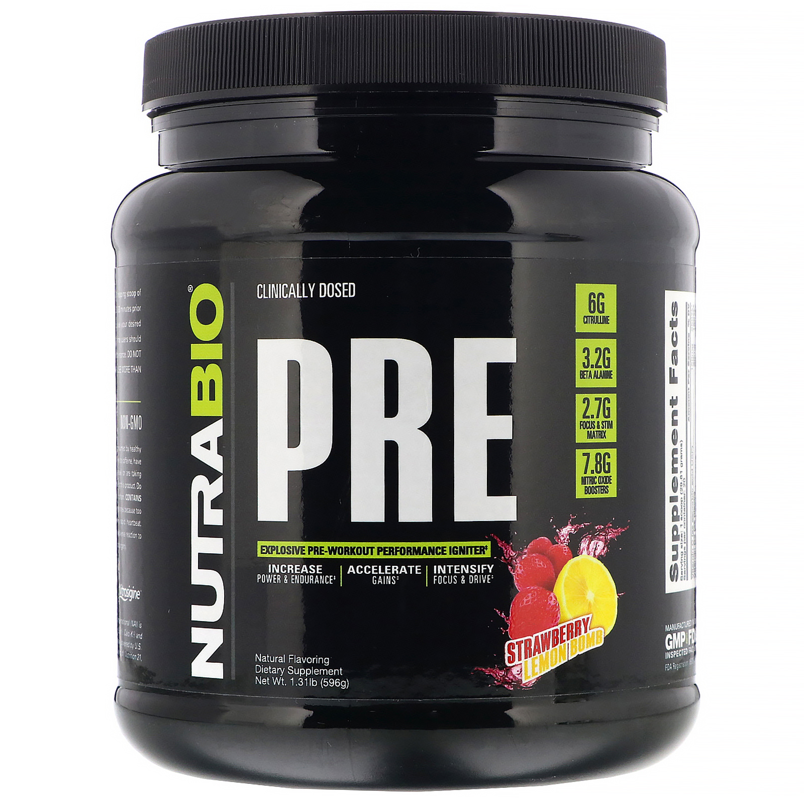 NutraBio Labs, PRE-Workout, Explosão de Morango e Limão, 596 g (1,31 lb)