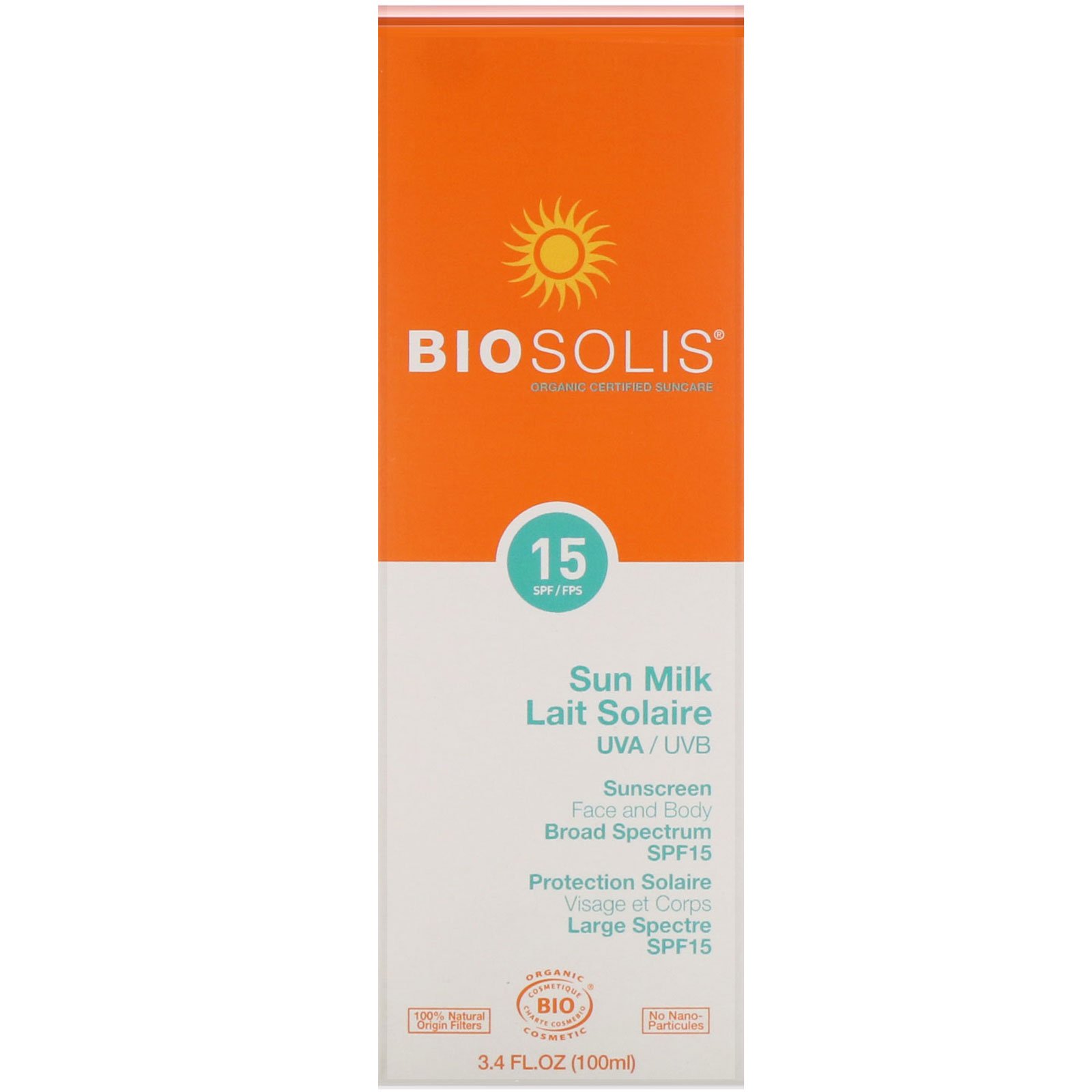 Biosolis, Sun Milk, Protetor Solar, SPF 15, 100 ml (3,4 fl oz)