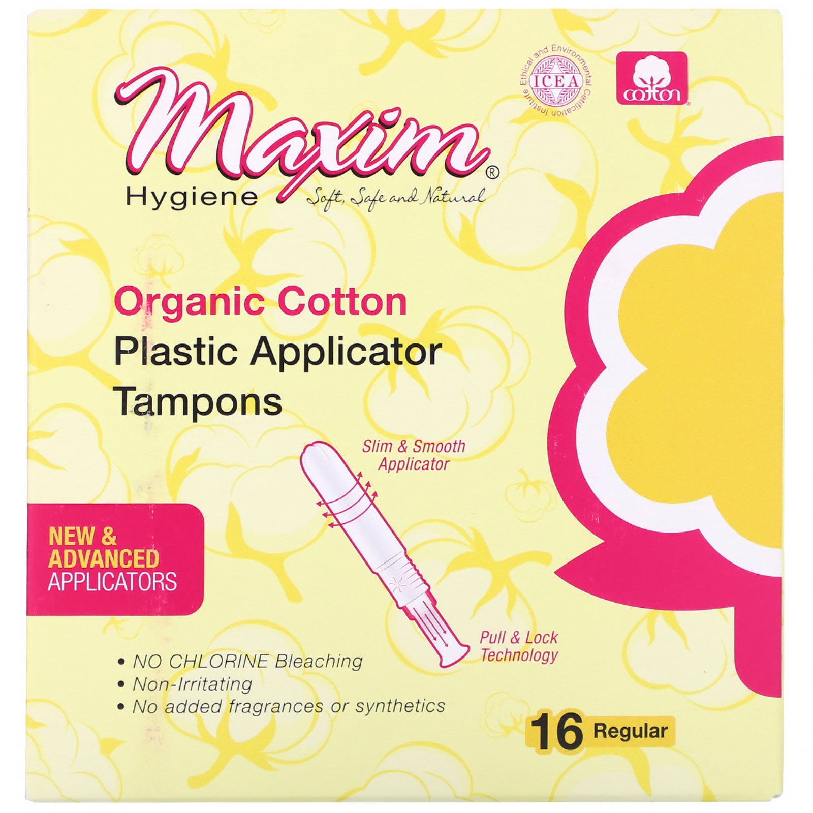 Maxim Hygiene Products, Organic Cotton Plastic Applicator Tampons, Regular, 16 Count