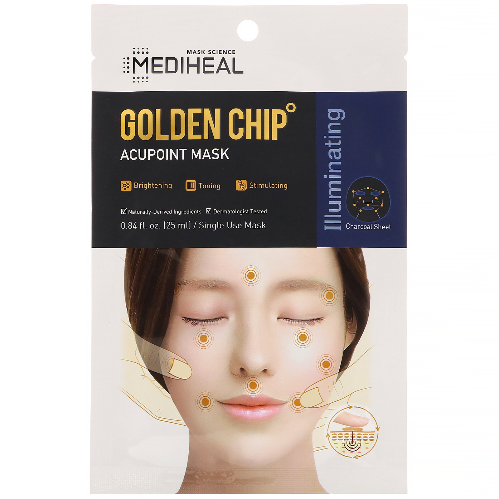 Mediheal, Máscara de Acuponto com Chip Dourado, 1 Unidade, 25 ml (0,84 fl oz)