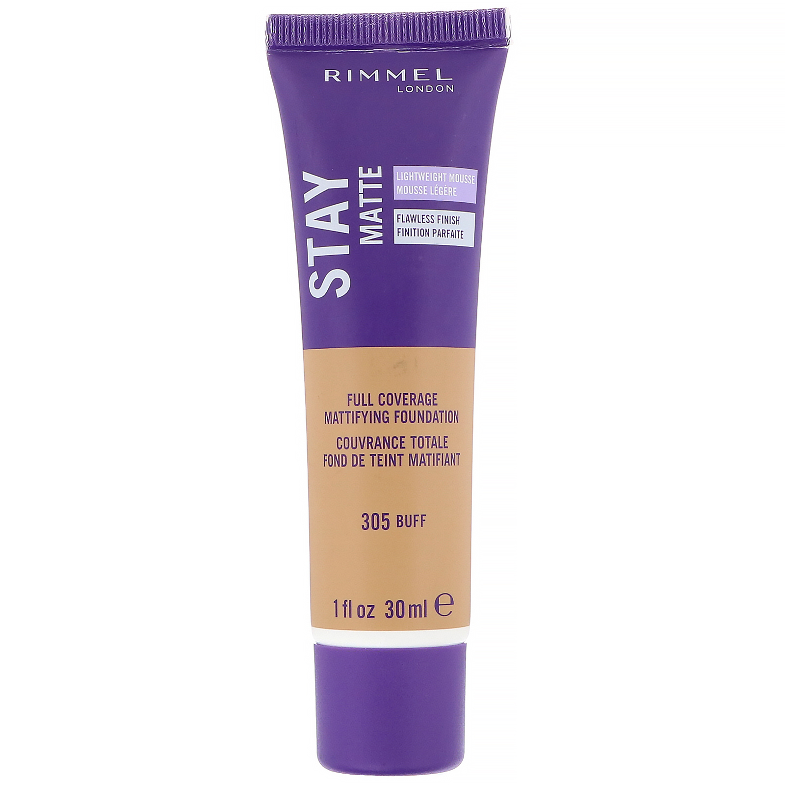 Rimmel London, Base matificante de cobertura total Stay Matte, 305 Buff, 30 ml