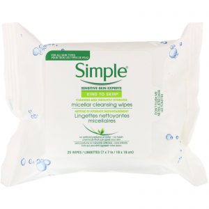 Simple Skincare, Toalhetes de limpeza micelar, 25 toalhetes