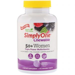 Super Nutrition, SimplyOne, Mulheres de 50+, Multivitamínico de Potência Tripla, Sabor Baga Selvagem, 90 Comprimidos Mastigáveis