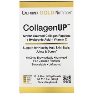 California Gold Nutrition, CollagenUp, Colágeno Marinho + Ácido Hialurônico + Vitamina C, Sem sabor, 10 Pacotes, 0,18 oz (5,15 g) Cada