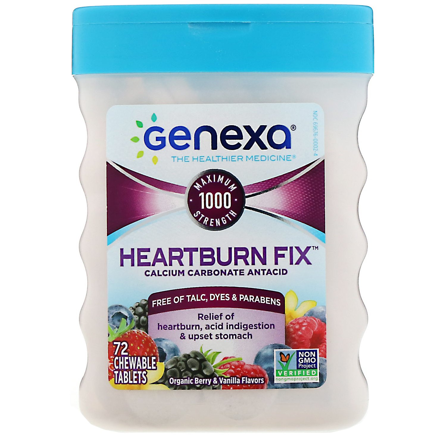 Genexa, Solução para Azia, Antiácido de Carbonato de Cálcio, Sabores de Frutas Vermelhas e Baunilha Orgânica, 72 Comprimidos Mastigáveis