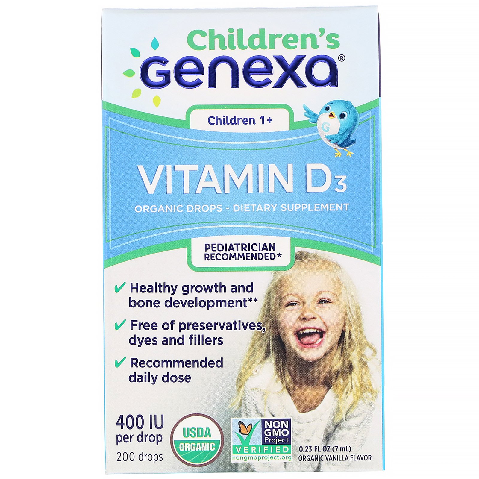 Genexa, Vitamina D3 para Crianças, Crianças 1+, Sabor de Baunilha Orgânica, 400 UI, 7 ml (0,23 fl oz)
