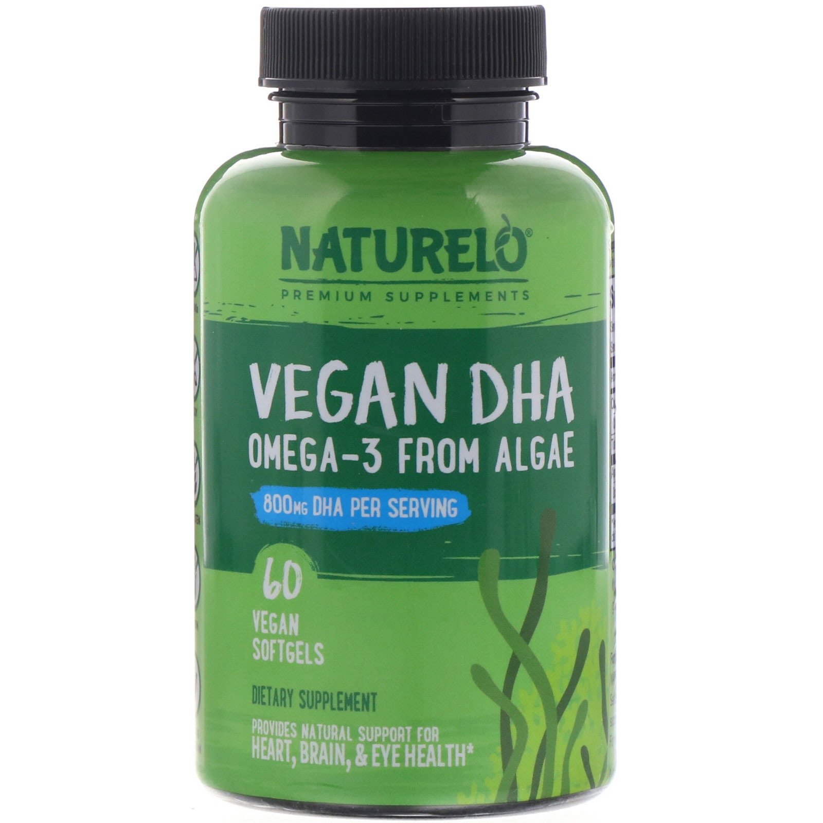 NATURELO, Vegan DHA, Ômega-3 de Algas, 800 mg, 60 Cápsulas Gelatinosas Veganas