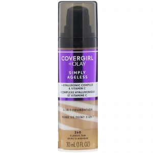 Covergirl, Olay Simply Ageless, Base 3 em 1, 260 Bronzeado clássico, 30 ml