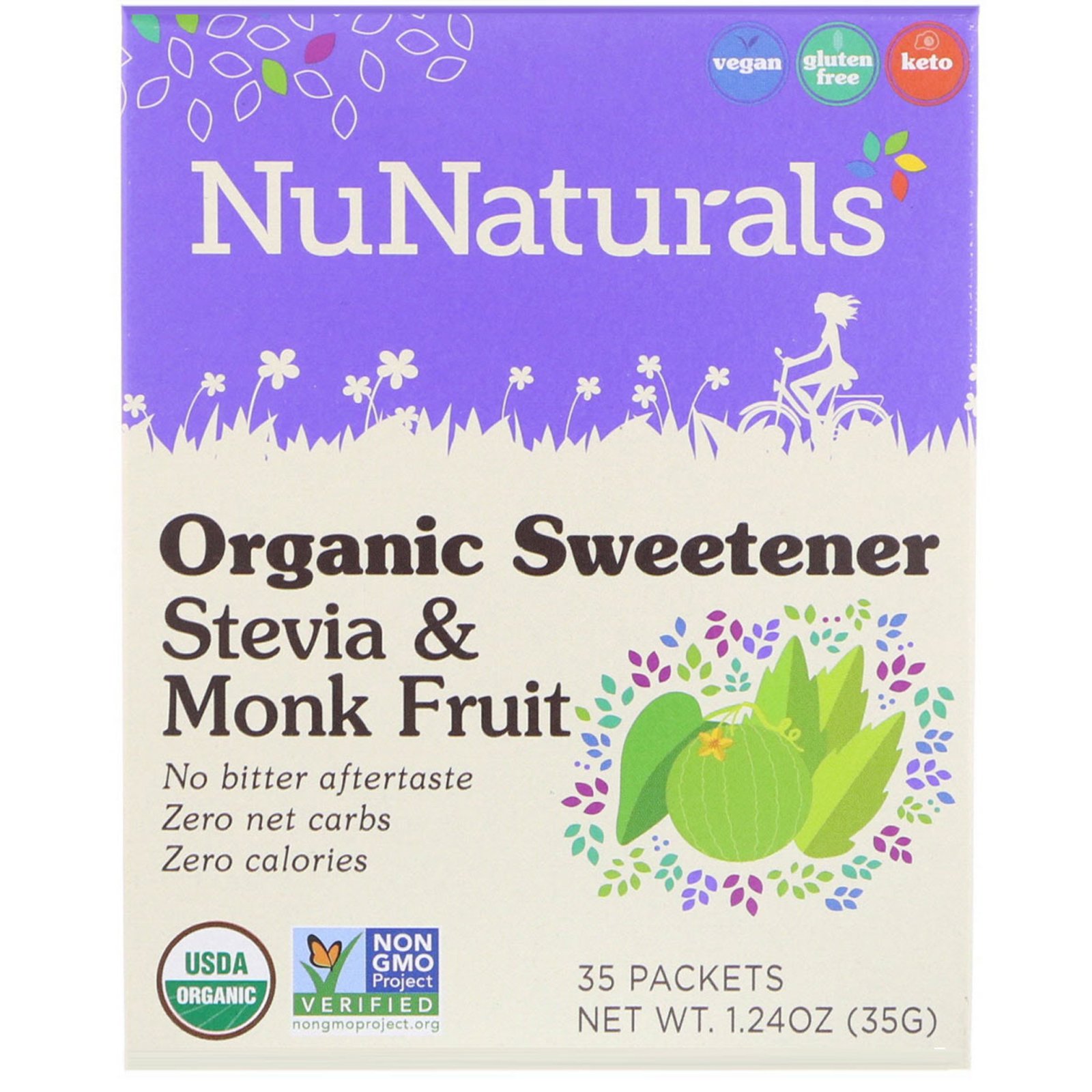 NuNaturals, Adoçante orgânico, Stevia e Fruto do monge (Siraitia grosvenorii), 35 pacotes, 1,24 oz (35 g)
