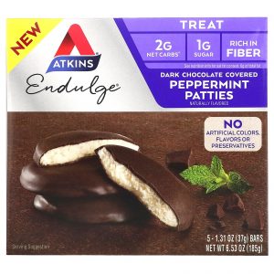 Atkins, Petisco, Biscoito de Hortelã-Pimenta com Cobertura de Chocolate Amargo, 5 Barras, 37 g (1,31 oz) Cada