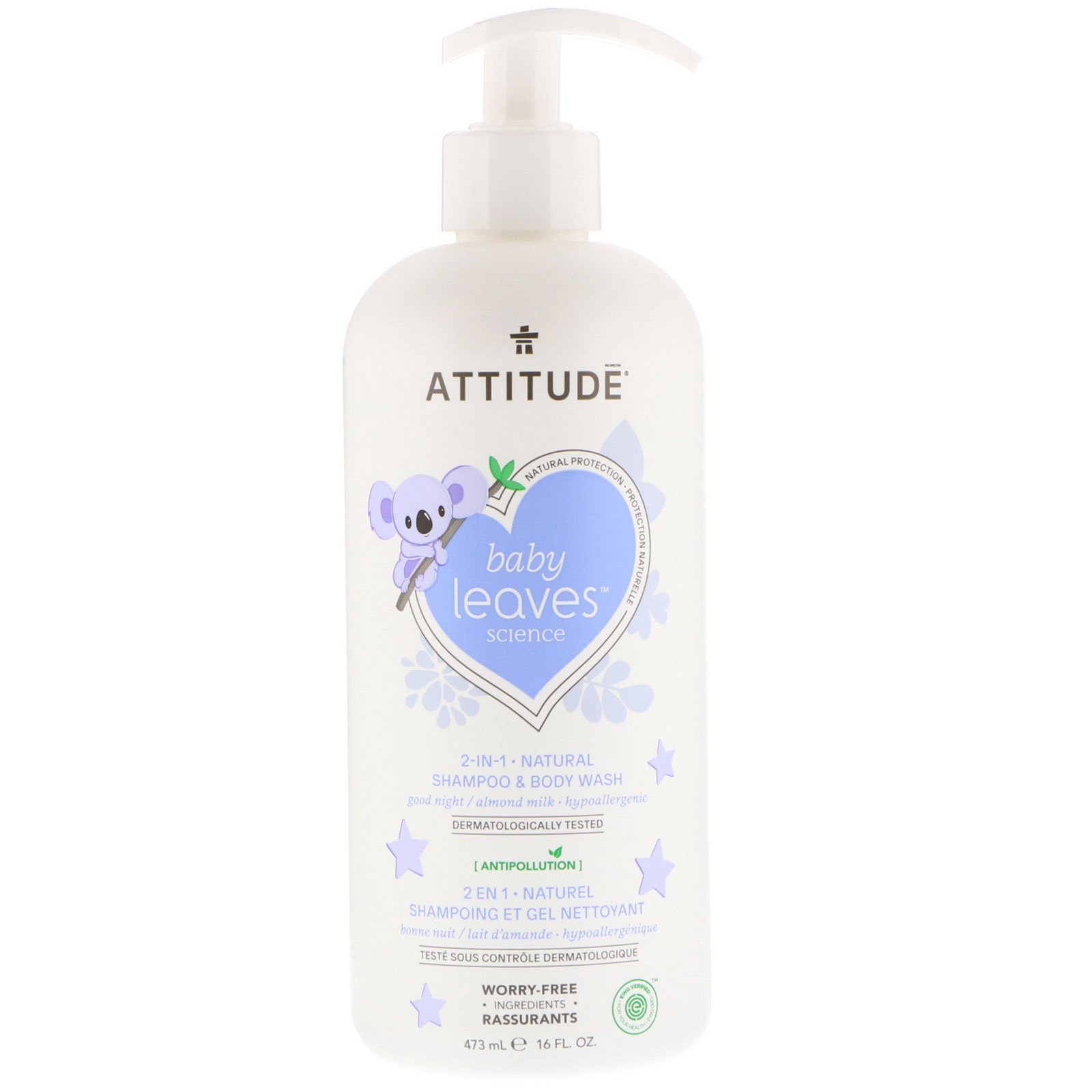 ATTITUDE, Baby Leaves Science, Shampoo 2-em-1 e Sabonete Líquido Natural, Leite de Amêndoas, frasco de 16 oz (473 ml)