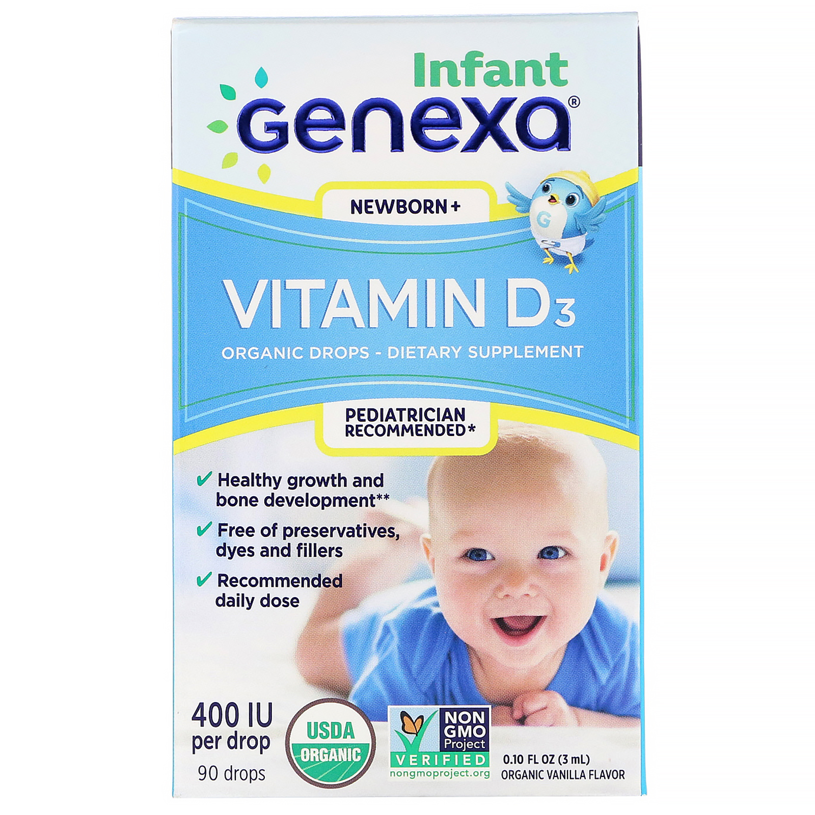 Genexa, Vitamina D3 para Bebês, Recém-Nascidos+, Sabor de Baunilha Orgânica, 400 UI, 3 ml (0,10 fl oz)