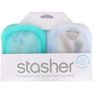 Stasher, Necessaire de Silicone Reutilizável, Transparente e Verde Água, 2 Unidades, 42 g (4 oz) Cada