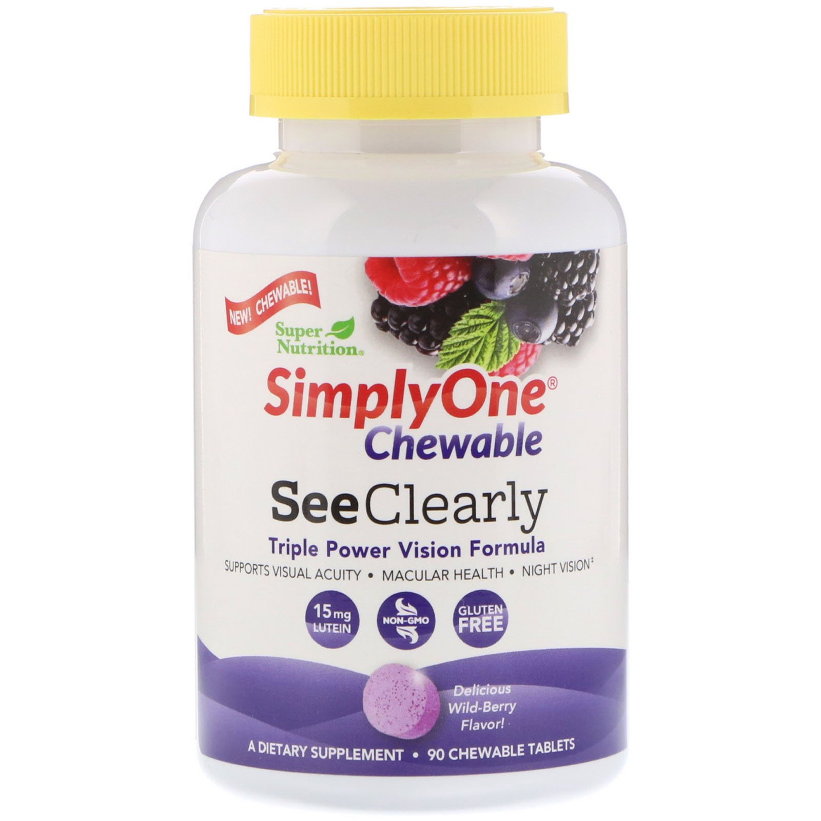 Super Nutrition, SimplyOne, Fórmula See Clearly de Potência Tripla para a Visão, Sabor Frutas Silvestres, 90 Comprimidos Mastigáveis
