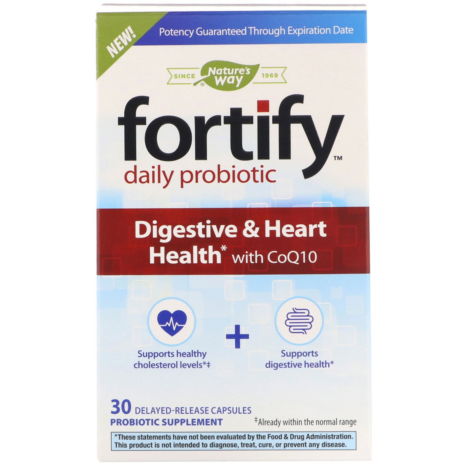 Nature's Way, Fortify, Probiótico Diário, Digestivo e Saúde Cardíaca com CoQ10, 30 Cápsulas de Liberação Retardada