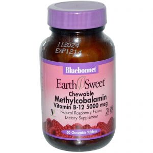 Bluebonnet Nutrition, Doce da Terra, Metilcobalamina, Vitamina B-12, Sabor natural de framboesa, 5000 mcg, 60 Comprimidos Mastigáveis