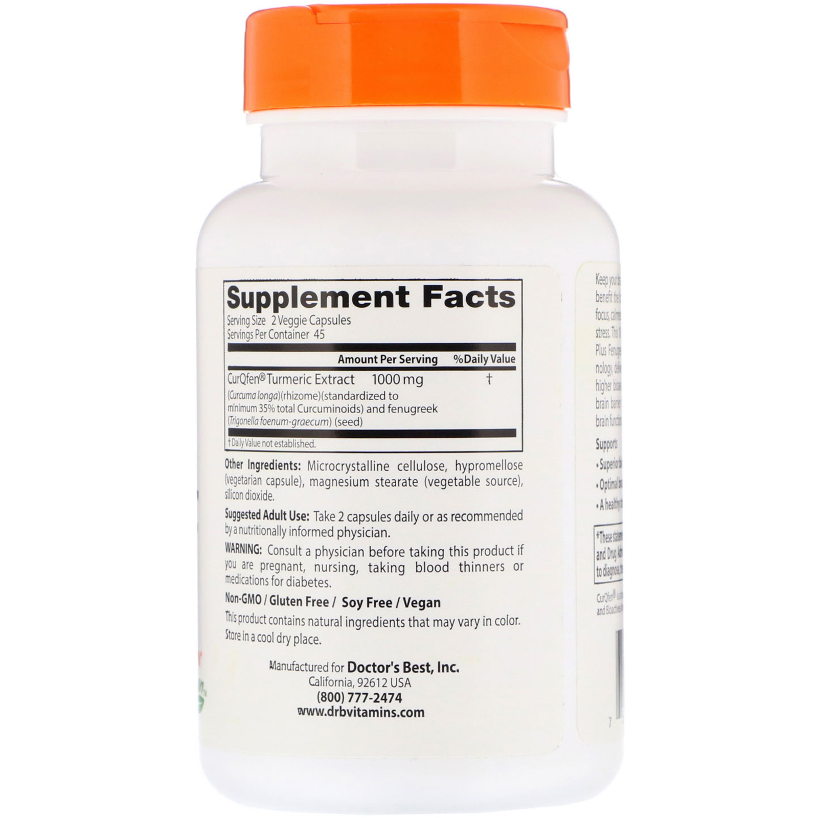 Doctor's Best, Enhanced Bioavailability Turmeric Plus Fenugreek, 500 mg, 90 Veggie Caps - Imagem 2