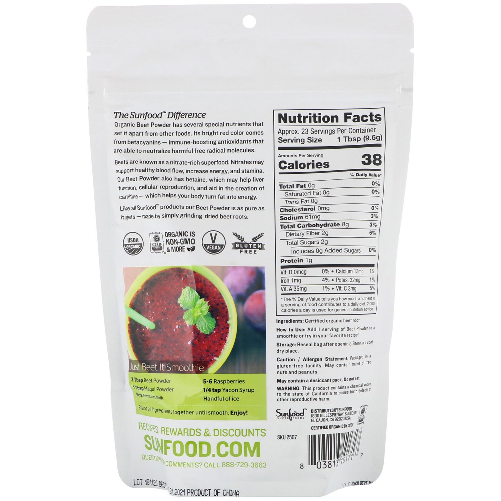 Sunfood, Organic Beet Powder, 8 oz (227 g) - Imagem 2
