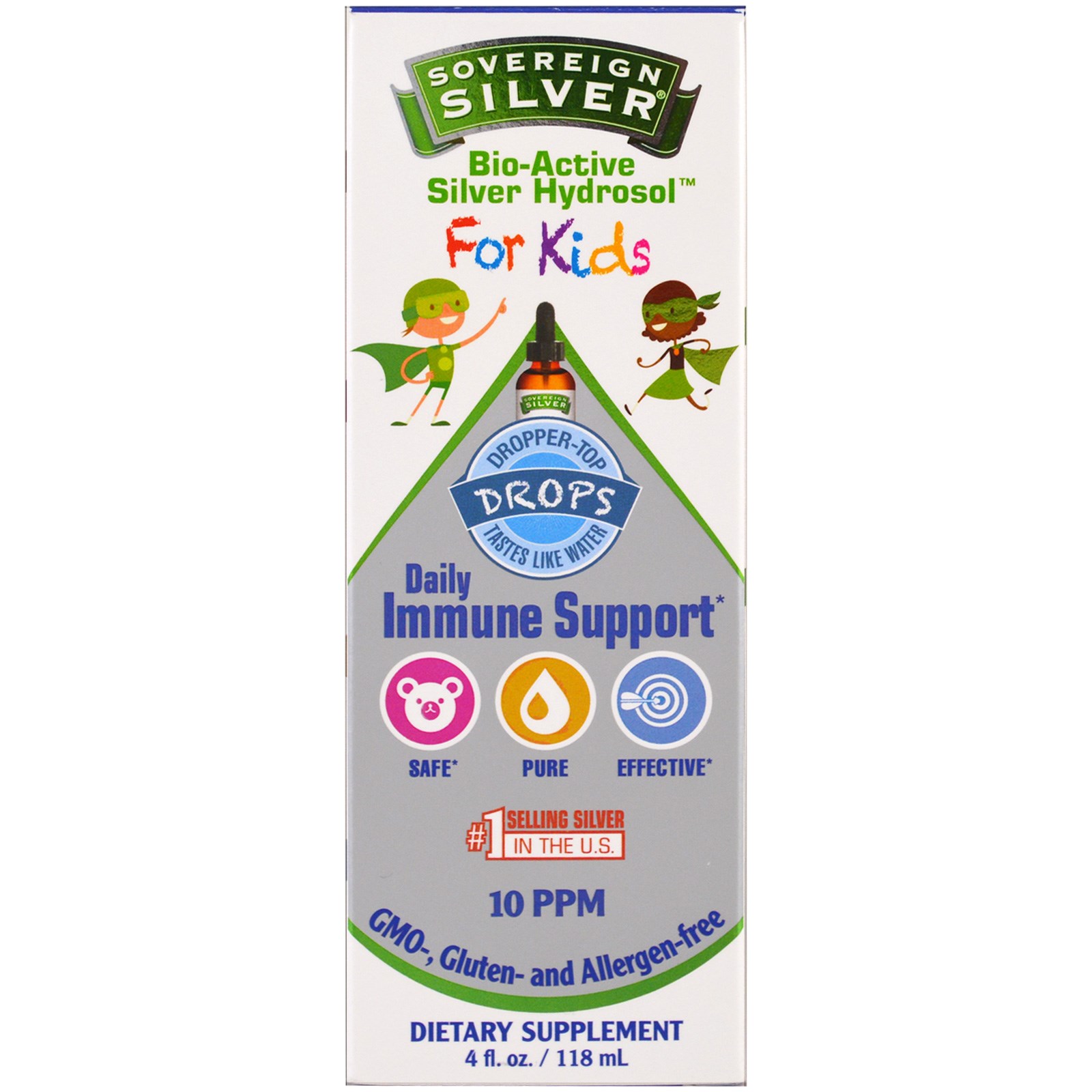 Sovereign Silver, Bio-Active Silver Hydrosol, For Kids, Daily Immune Support Drops, 10PPM, 4 fl oz (118 ml)