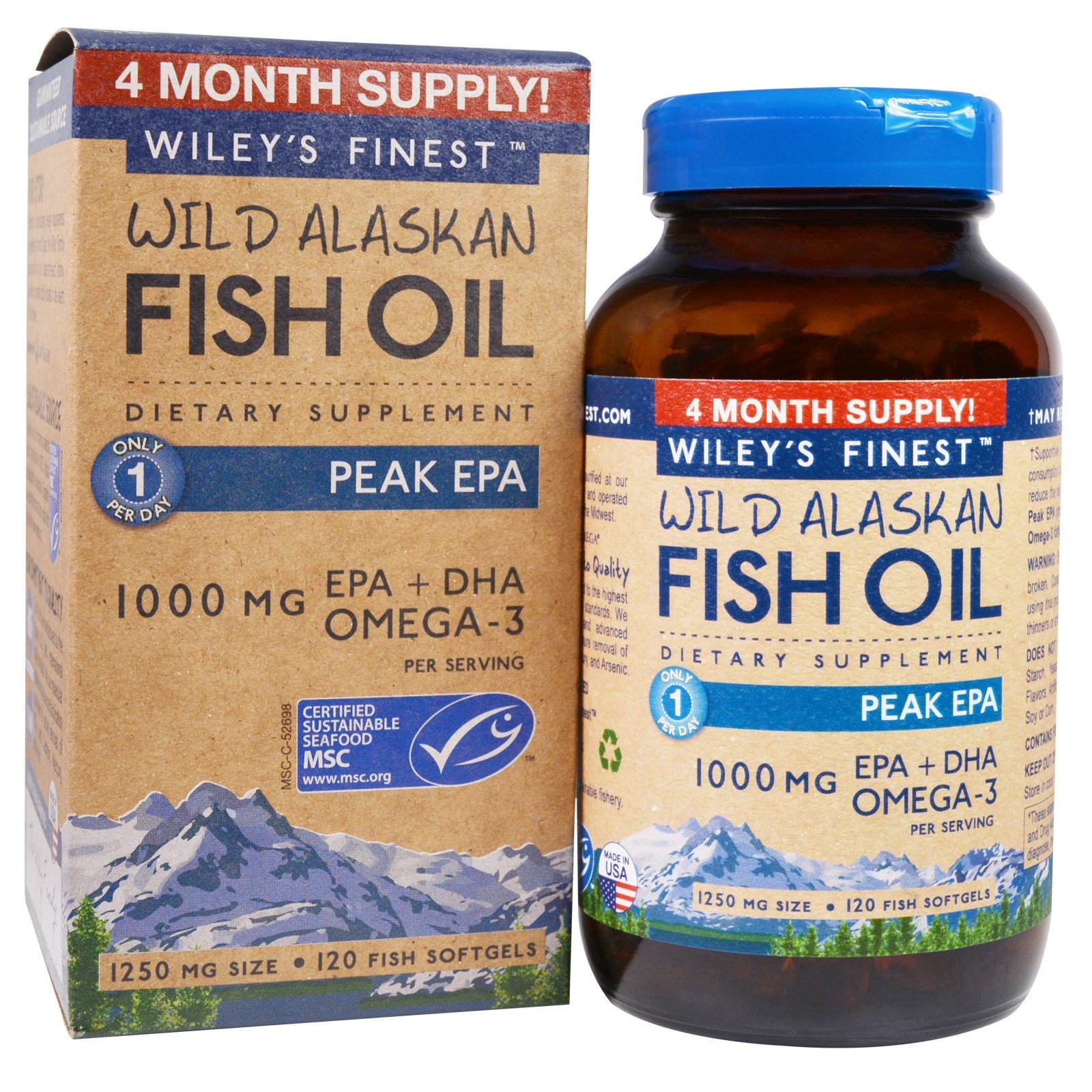 Wiley's Finest, Óleo de Peixe Selvagem do Alasca, EPA de Pico, 1.250 mg, 120 Cápsulas Softgel de Peixe