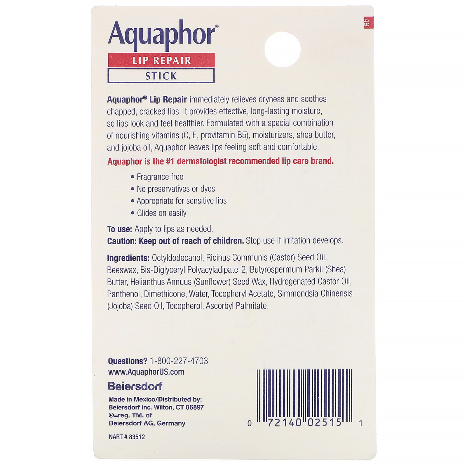 Aquaphor, Reparação dos Lábios, Bastão, Alívio Imediato, Sem Perfume, 1 Bastão, 4,8 g (0,17 oz) - Imagem 3