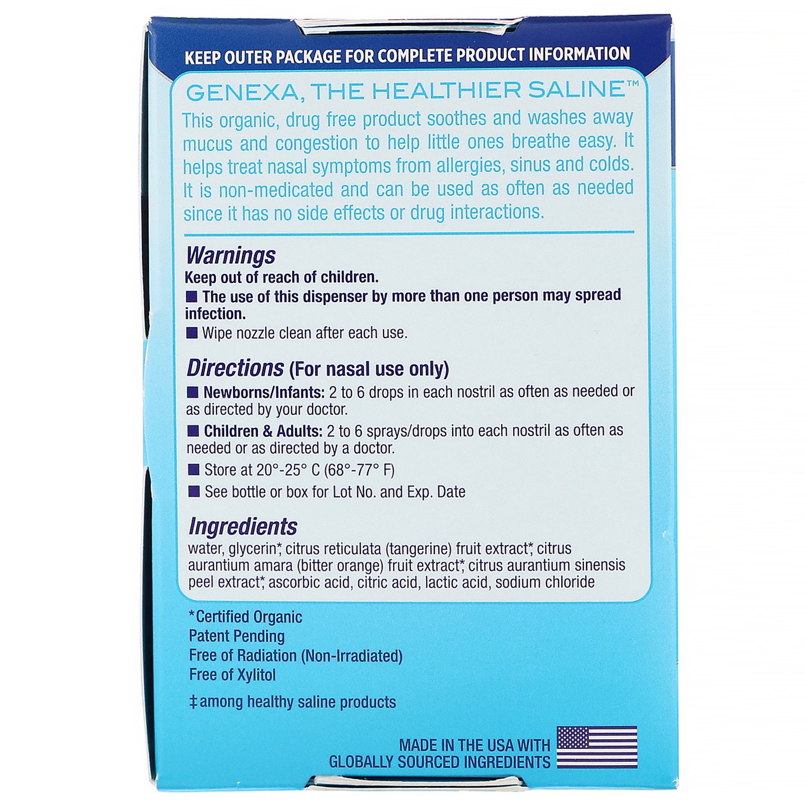 Genexa, Infant Saline Care, Spray Orgânico Nasal e Conta-Gotas, Recém-Nascido+, 30 ml (1 fl oz) - Imagem 2