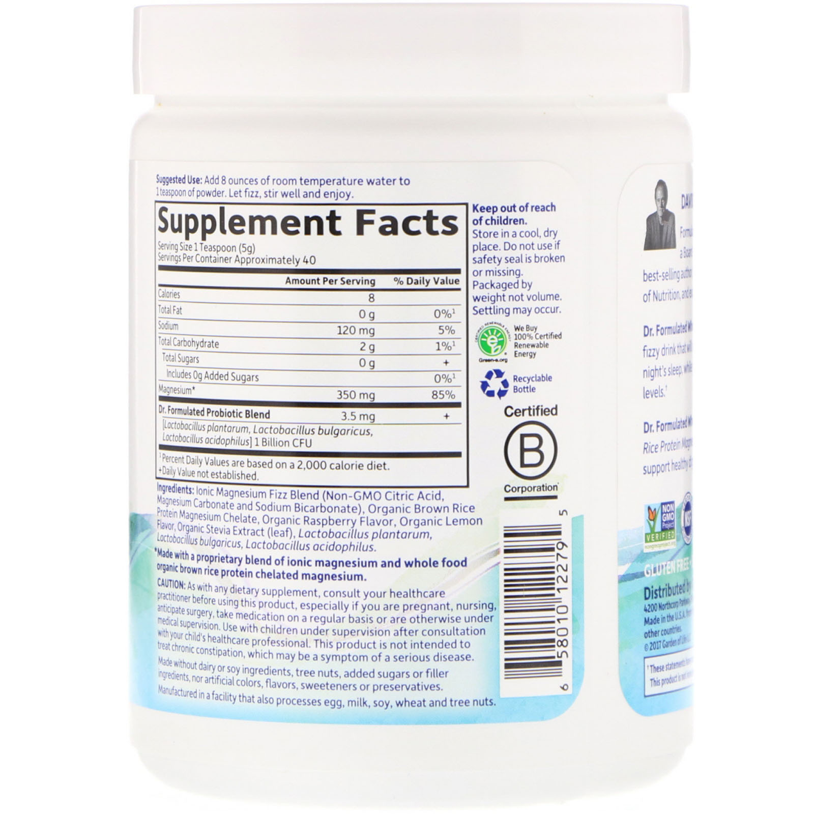 Garden of Life, Dr. Formulated, Magnésio de Alimento Integral em Pó, Framboesa e Limão, 198,4 g - Imagem 2