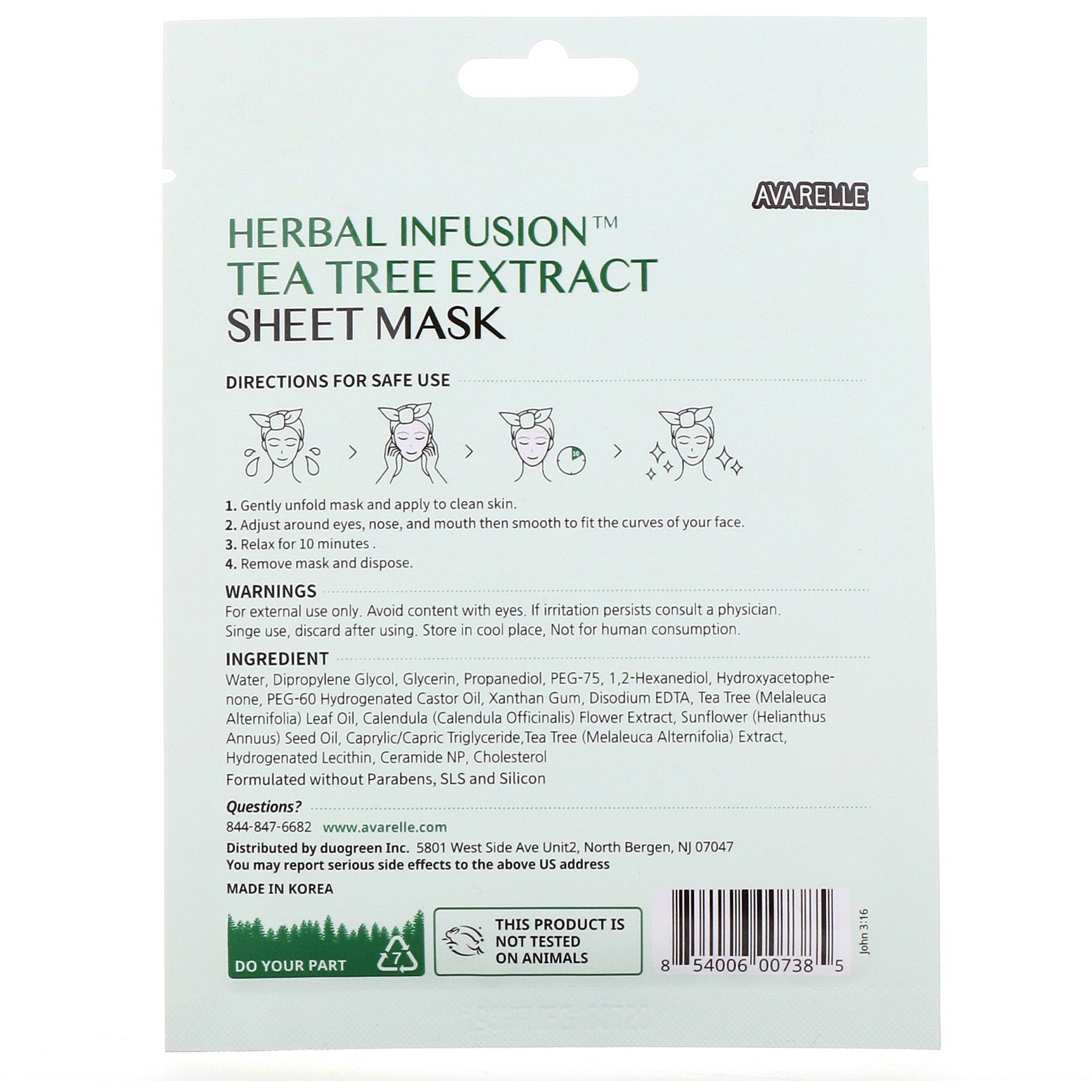 Avarelle, Herbal Infusion, Tea Tree Extract Sheet Mask, 1 Sheet, 0.7 oz (20 g) - Imagem 2