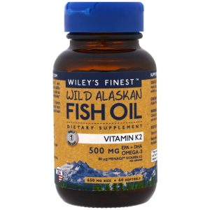 Wiley's Finest, Óleo de Peixe Selvagem do Alasca, Vitamina K2, 60 Cápsulas Softgel de Óleo de Peixe