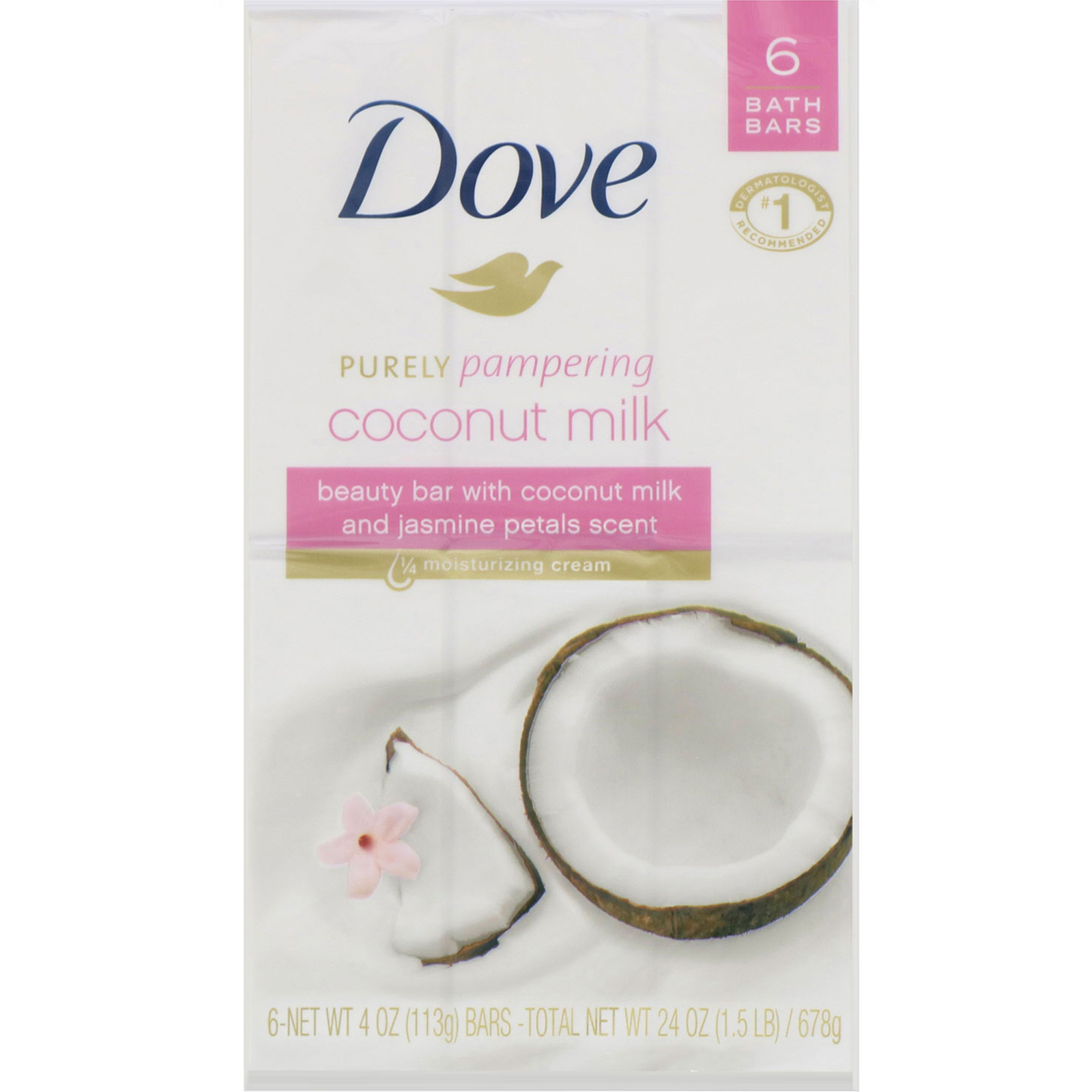 Dove, Sabonete de beleza em barra Purely Pampering, leite de coco e pétalas de jasmim, 6 barras de banho, 113 g cada