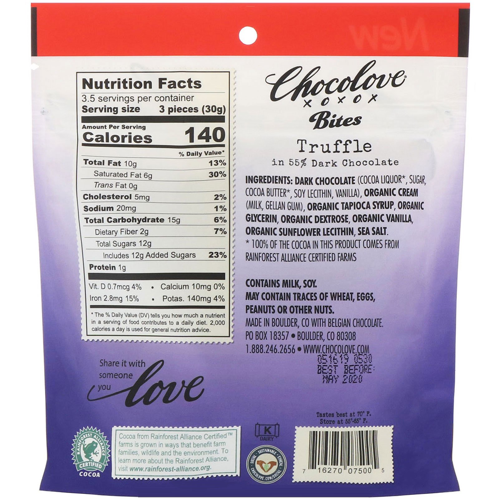 Chocolove, Bites, Truffle in 55% Dark Chocolate, 3.5 oz (100 g) - Imagem 2
