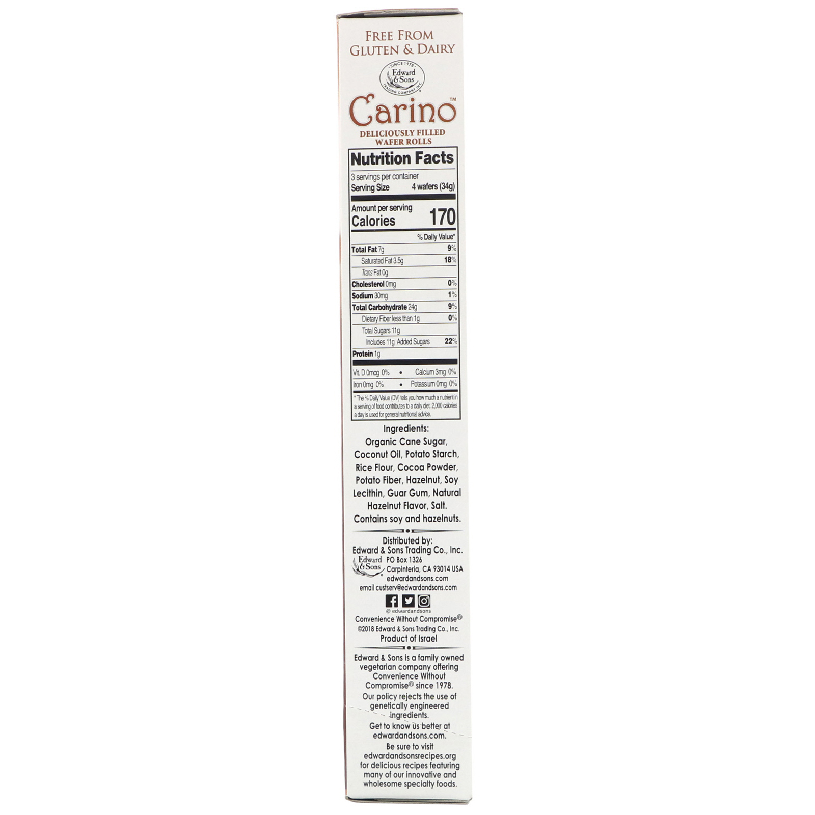 Edward & Sons, Carino Rolinhos de Wafer Recheados, Avelã, 3,5 oz (100 g) - Imagem 2