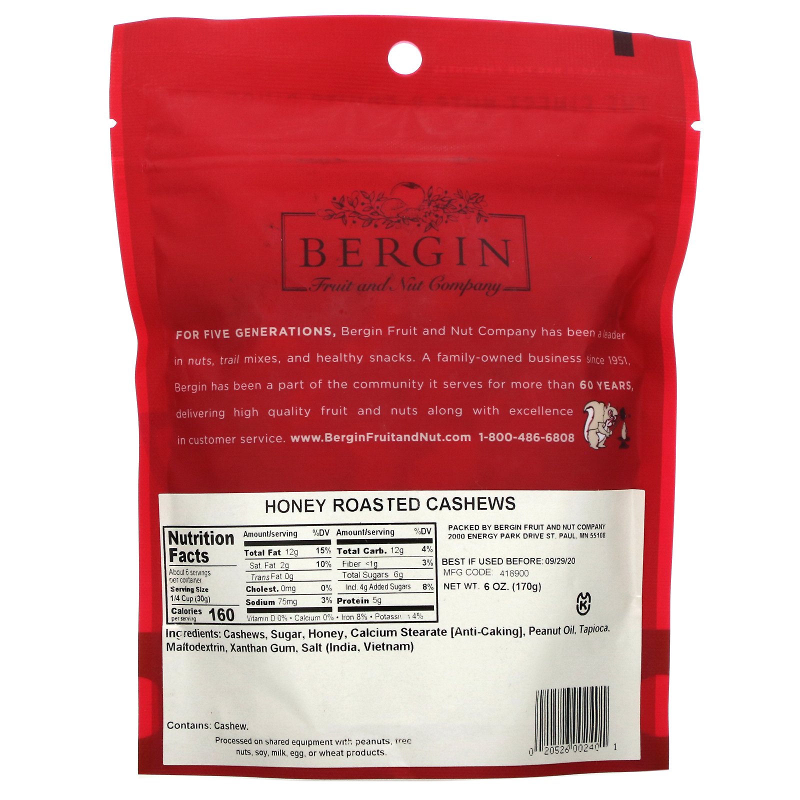 Bergin Fruit and Nut Company, Castanha de Caju Torrada com Mel, 170 g (6 oz) - Imagem 2
