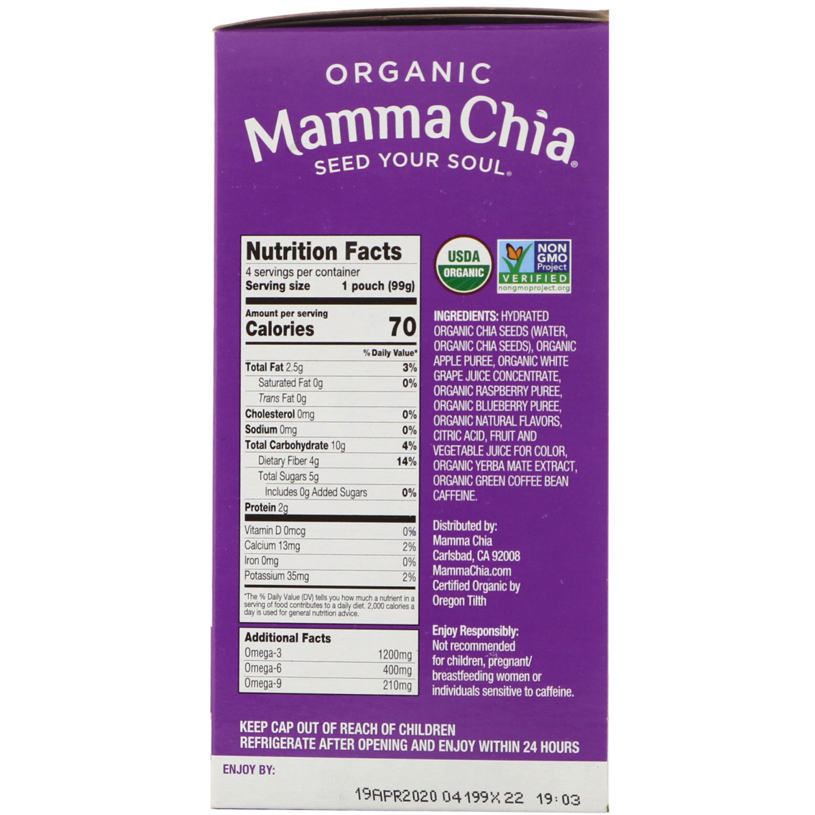 Mamma Chia, Organic Chia Energy Squeeze, Berry Burst, 4 Pouches, 3.5 oz (99 g) Each - Imagem 2