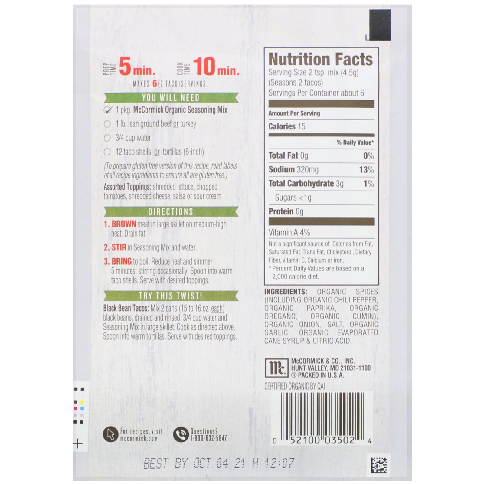 McCormick, Organic Seasoning Mix, Taco, 1 oz (28 g) - Imagem 2