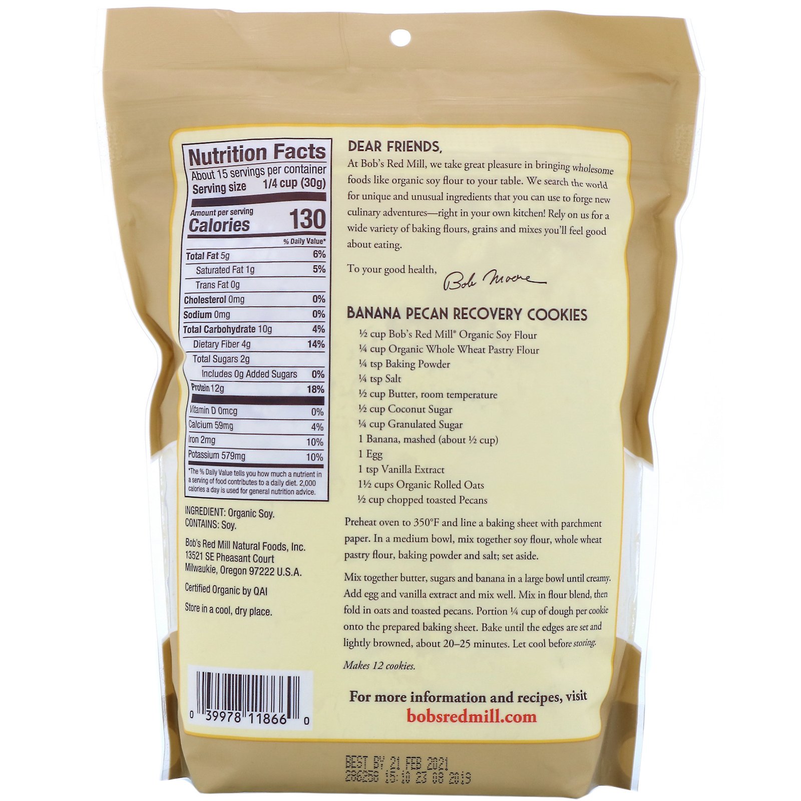 Bob's Red Mill, Organic Soy Flour, 16 oz (454 g) - Imagem 2