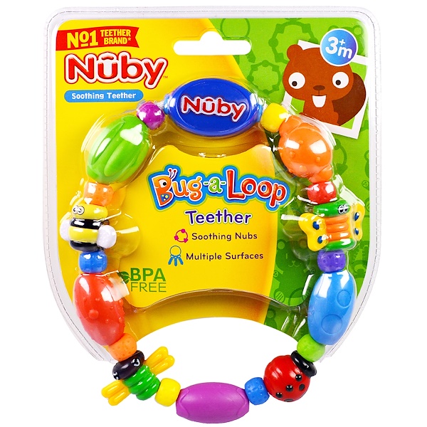 Nuby, Mordedor Relaxante, Bug-a-Loop, Acima de 3 meses, 1 unidade