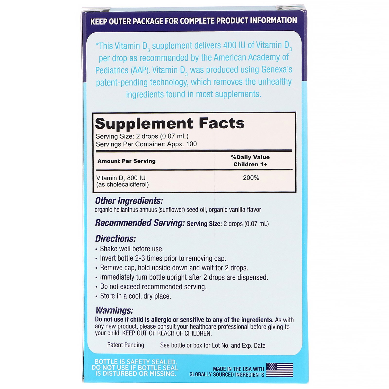 Genexa, Vitamina D3 para Crianças, Crianças 1+, Sabor de Baunilha Orgânica, 400 UI, 7 ml (0,23 fl oz) - Imagem 2