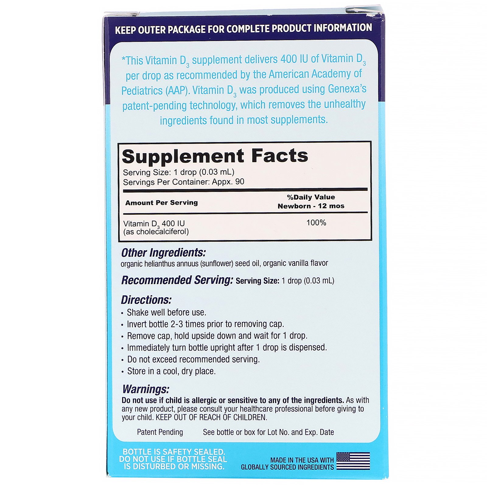 Genexa, Vitamina D3 para Bebês, Recém-Nascidos+, Sabor de Baunilha Orgânica, 400 UI, 3 ml (0,10 fl oz) - Imagem 2