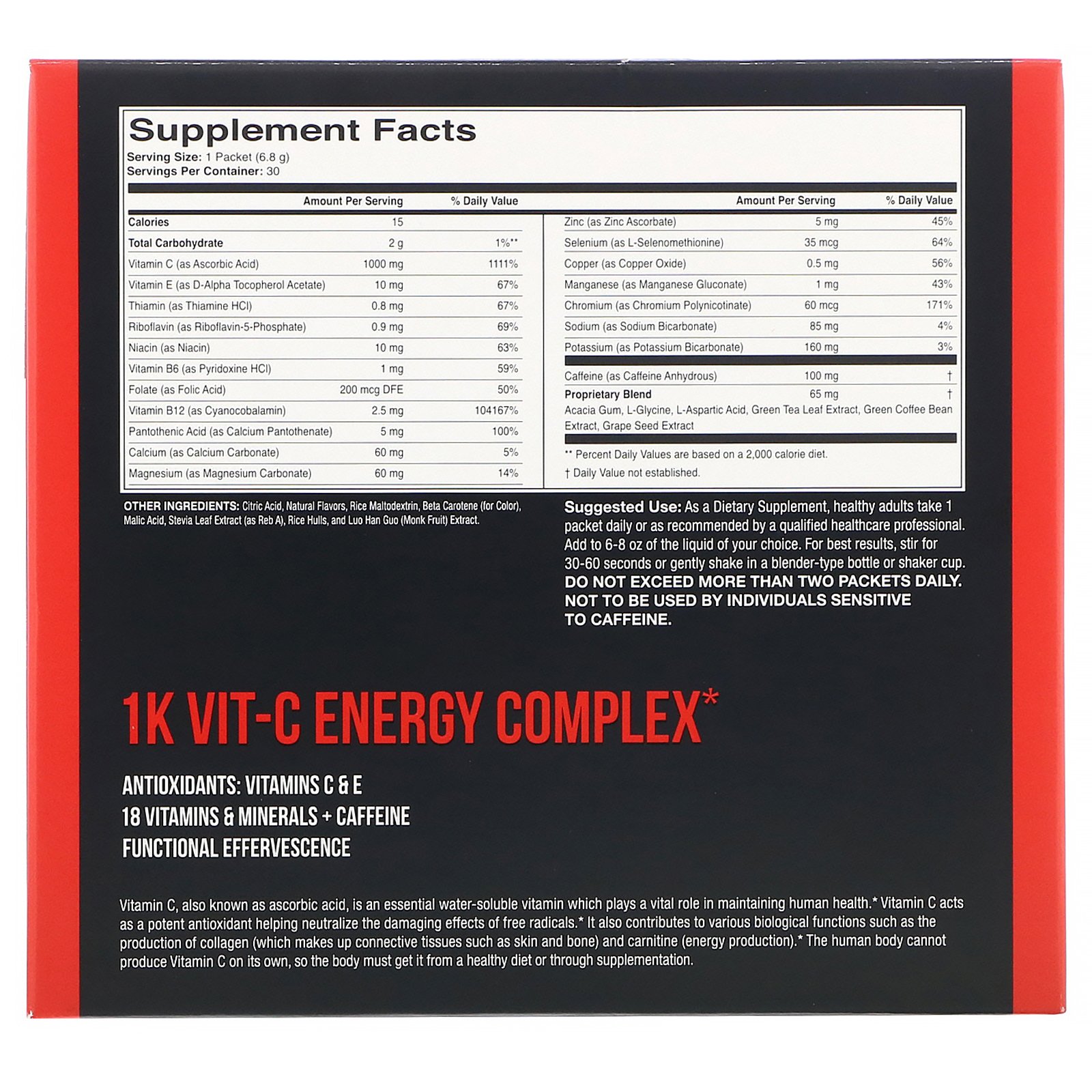 1Kvit-C, Vitamina C, Energia, Mistura Efervescente para Beber, Sabor Natural de Laranja, 1.000 mg, 30 Envelopes, 6,80 g (0,24 oz) Cada - Imagem 2