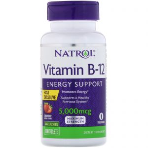 Natrol, Vitamina B-12, Dissolução Rápida, Força Máxima, Morango, 5.000 mcg, 100 Comprimidos